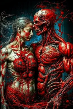 Gore splatter horror, fleshy image of 2 bodies, 1 male 1 female, 1 soul, complementary, then ripped apart again being flayed, skinned alive. beating love heart. muscles, blood vessels, bowels, entrails. anatomy. physiology. astrology. astronomy. hallucinations. mythology. grotesque.