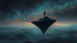 one alone human stands on deep dark colors little floating island. the island floatings over colors landscape with many little humans. normal neurotipical lifes contrast the weird inner world with neurodivergens soul and mind,, Whimsical strange style of Chagall, of Bosch of giger and Anton Semenov. weird absurd beauty nightmare, in background neuronic network, Whimsical surreal vibe, cinematic