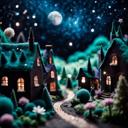 Detailed people, street made of modeling clay and felt, village, stars, galaxy and fog, planets, moon, volumetric light flowers, naïve, Henri Rousseau, strong texture, extreme detail, Yves Tanguy, decal, rich moody colors, sparkles, Harry Potter, bokeh, odd, shot on Ilford