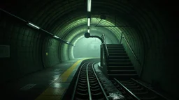 GAME CONCEPT ART .two poin perspective.Station platform and stairs from side .photograph inside of hole .big ambient.gient station.Inside the old subway tracks, . Low light and closed green moss walls. Like the original design of the game space ,digital art.landscape,far camera old painting,2 Chen and George Hopper, Rembrandt lighting, a dark green color scheme, . --ar 13:16 --v 6. 0 metro game