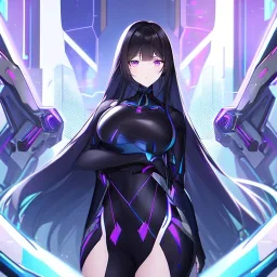 Clear focus,High resolution, Black long hair, Purple eyes, Wearing a Futuristic Popstar outfit