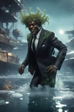 xcom's terror from the deep grinning giger samuel jackson alien with suit and tie and sea weed crown crawling while hovering over the icy docks in fallout 4 setting, bokeh, downlight, prize winning, depth of field, in the style of ivo caprino