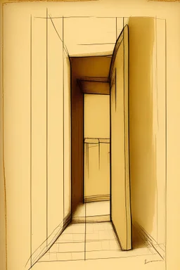 dibujo de ascensor abierto visto desde el pasillo dibujado en una papel de pergamino antiguo color ocre y vacio