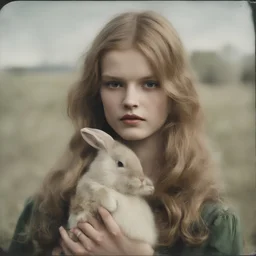Model magdalena frackowiak, with a rabbit, autochrome