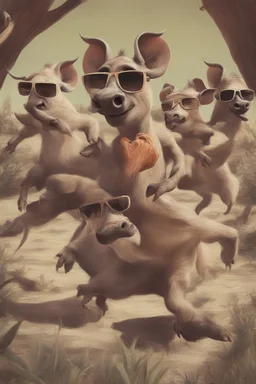 Close-up animation of a mischievous group of wild warthogs wearing sunglasses and attempting to breakdance in a comical fashion.