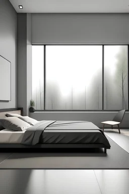 Minimalistic bed room with big window with modern interior with one sitting and coffee table on other wall.