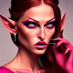 diamond blue eyes, and dark pink hair, teardrop shaped eyebrows, woman, angry expression, pointy ears, elf