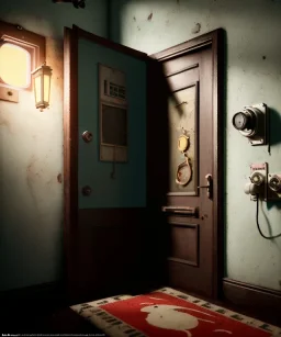 Wes Anderson photographer, night, room, monster peeking behind the ajar door, Ultra realistic, punk style, wide angle view, soft color, highly detailed, unreal engine 5, ray tracing, RTX, lumen lighting, ultra detail, volumetric lighting, 3d, finely drawn, high definition.