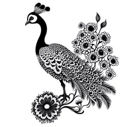 white, A peacock have a two foot white flower decoration, line art, white background, outline, with images neatly contained within the background, just black and white color, full body, no color. Looking front , front view, 8k