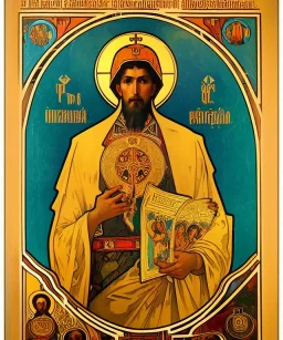 saint patron of photographers holding camera in hands. orthodox icon. Cyrillic inscriptions. hyperdetailed, Alphonse Mucha, poster, illustration, ink, oil on canvas, 18th century atlas