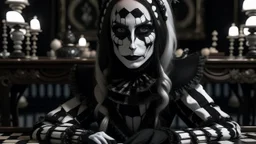 MASKED WOMAN WITH MYSTERIOUS EYES IN A TIGHT BLACK PERIOD COSTUME WITH WHITE LACE RIBBONS, IN FRONT OF A CHESS TABLE WHOSE PIECES ARE STRANGE BIOMORPHOIC CREATURES, CLOSE-UP ON A FOOT DARK BACKGROUND