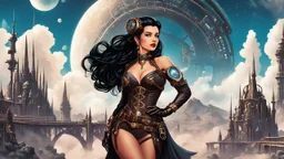 exotic sci-fi steampunk pin-up girl, with long dark hair, on a sci-fi planet with cloud trees, tall spires, buildings, bridges, arches