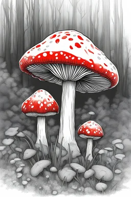 Draw a Fly Agaric mushroom. The lines should be thick and clear, without any shading, solid black or fine detail lines.