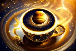 A universe swirling in a beautiful gold rimmed porcelain coffee cup, with planets, stars, steam, masterpiece, in sunshine