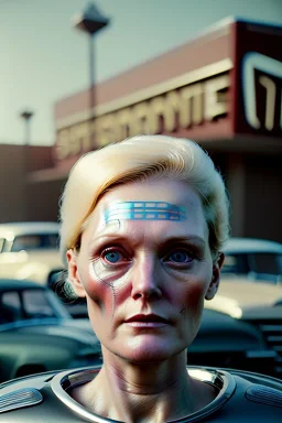 Ultra Realistic retro sci-fi, Supermarket parking scene, 1960 year, blonde woman, sweet young Juliane moore face, x ray lights eyes, face makeup, tight latex coat, levitating cars, many panic people, Retro sci-fi style, soft color, highly detailed, unreal engine 5, ray tracing, RTX, lumen lighting, ultra detail, volumetric lighting, 3d, finely drawn, high definition, high resolution.