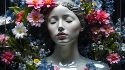 paint, close-up photo of statue made out of transparent glass,beautiful young girl,flowers inside the statue,flowers inside,floral design,plants under glass,emotional,dark,modern,abstract,(closed_eyes:1.1),parted lips,ears,glass,rough texture,see-through,