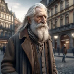 An old man with long grey hair and beard standing in town center wearing old clothes, background town streets and buildings, original old man 1000, visual storytelling, 3D, detailed, no blur, unreal engine 5, photorealistic, high resolution, 32k quality, 4k UHD