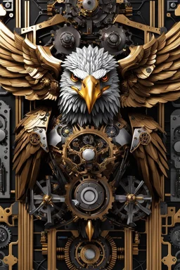 Facing front cyborg eagle straddle wings detailed, intricate, mechanical, gears cogs cables wires circuits, gold silver chrome copper