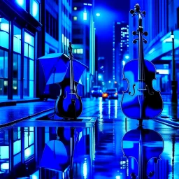 jazz vibes, reflections in blue, city at night, lonely