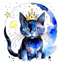 Watercolor, black kitten, cute, a tiara on the head, moon, night