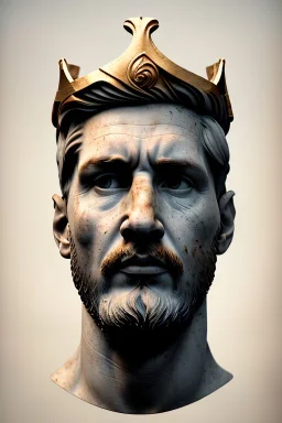 Ultra Realistic image, roman sculpture, Calacatta marble material, Lionel Messi, gold Laurel leaves crown, Renaissance style, miguel angel David style, chisel style, emperor, waist up portrait, epic, celestial, cinematic lighting, God light, god rays, 4k resolution, smooth details, ornate details, soft lighting, unreal engine 5, sky background.