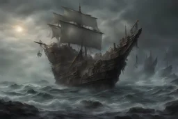 A spectral pirate ship, its sails tattered and torn, sits atop a rocky shoreline, surrounded by a swirling mist of ghostly figures and eerie seaweed.