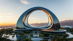 A futuristic skyscraper designed with sweeping hyperbolic curves, where the entire façade is made of reflective glass. The building rises gracefully toward the sky, with its symmetrical hyperbolic arc creating a sense of balance and elegance. Surrounding the structure are lush gardens and flowing water features that mirror the curves of the building. There are mountains in the distance. Beautiful lighting at sunrise. Award-winning photograph.