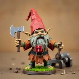 low poly, gnome troll miniature model half painted arms outstretched holding axe offering gift, trebuchet background