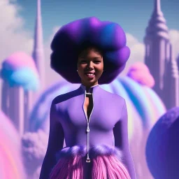 Ultra realistic photo. volumetric lighting , scientist. Young black woman, young, big smile. Joy. smiling. Afro futurism. Afro puffs. Blue hair. Ombré hair Cotton candy. Futuristic cities in background. Space. Space travel. Silver. Cities