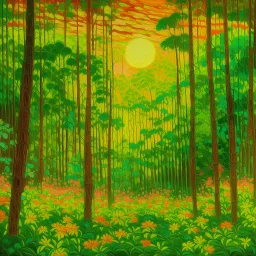 A lime green forest filled with flowers and bamboo trees in sunset designed in Navajo woven art painted by Claude Monet, Busch painting style ,