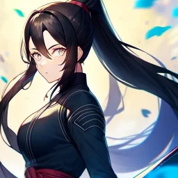 8k, high quality, detailed, beautiful lighting, vibrant colors, black long hair, vibrant white eyes, girl, ponytail, ninja