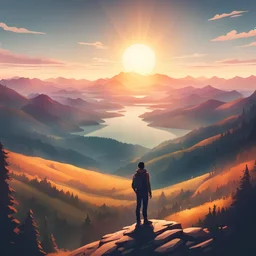 A lone hiker stands atop a majestic mountain, gazing out at a breathtaking view of rolling hills, sparkling lakes, and distant forests. The sun is setting, casting a warm glow over the landscape and the hiker's face. in pexel art style