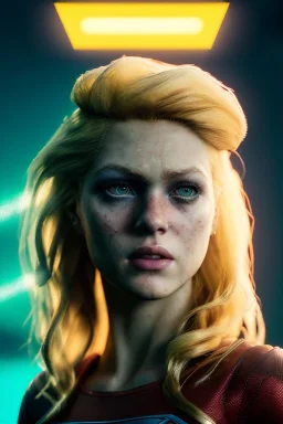 portrait, young Shakira blonde, make-up, angry, Realistic image, superhero, retro style, 70s, supergirl, blood, sweat, fog, goddess. Color background, photo studio, concept art, smooth, unreal engine 5, god lights, ray tracing, RTX, lumen lighting, ultra detail, volumetric lighting, 3d, finely drawn, high definition, 4k.