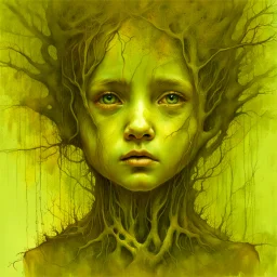 The Face of Childhood Trauma Taking Root, by Peju Alatise & carne griffiths & Zdzisław Beksiński, full head & neck depicted, clean, clear accurate facial features, symmetrical eyes,deftly depicted with incredible expressiveness & depth, visibly furrowed brow, distinct tree roots & branches Modifiers: sharp focus realistic elegant fantasy Zdzisław Beksiński no text insanely detailed Surrealism Tom Bagshaw Engraving accurate and proportional human anatomy reflective lighting symmetrical eyes Ver