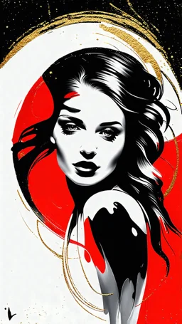 "abstract painting, a beautiful woman face, with a background dominated by red, white, black and sparkling gold. Emphasize the textured surface and combine the swirling crescent shape with gold lines. Include a little bit of intricate calligraphy-inspired detail in black inside a large circle or oval in gold."