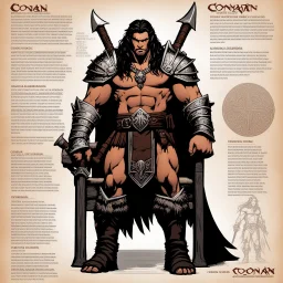 character concept sheet with AD&D statistics and characteristics, [wii No More Heroes style with thick lines] Conan the barbarian on the throne with all his iconic glory
