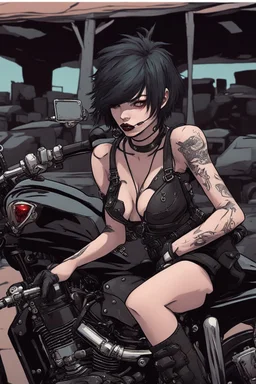 vampire girl showing fangs with short cropped cyberpunk hair riding a black cafe racer motorcycle in a post apocalyptic wasteland at dusk