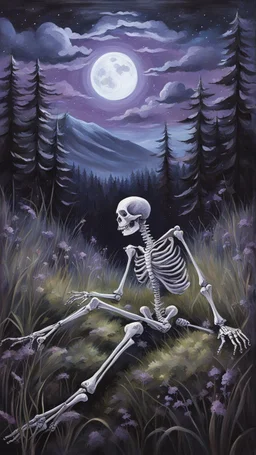 A oil painting of a skeleton sitting in the grass on the top of a hill, lookin into the night sky. A Forrest in the background. Painting. Purple colours. Blue colours. Night. Melancholic mood. Colorful.Pastel colours. Masterpiece.