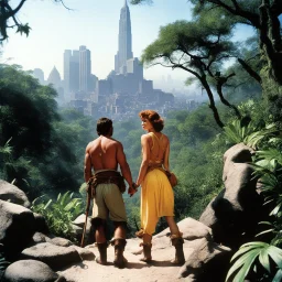 Ah, the intrepid Tarzan, Jane Porter, and their young son Korak embark on a grand adventure that rivals the epic tales of the legendary Argonauts. In this high-resolution photo captured by the esteemed Russ Meyer, the family of explorers stands poised at the bustling heart of New York, their eyes alight with the fire of wanderlust and discovery.