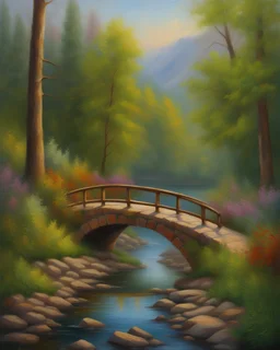 a painting of a bridge over a stream, romanticism landscape painting, intricate and wet oil paint, original post impressionist art, colorful landscape painting, impressionistic painting, landscape painting, romanticism painting, impressionist style painting, classical landscape painting, wooden bridge, impressionist oil painting, inspired by mark keathley, bright depth oil colors, landscape oil painting