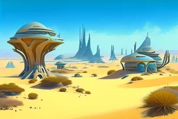 alien buildings, in the desert, surrounded by acacia trees, dunes, pathways, lake, roads, mountains, blue sky