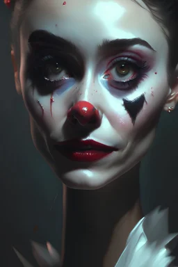 Audrey Hepburn Photorealistic dramatic hyperrealistic criyng clown paint ,Crystal black eyes, elegant, by WLOP,Artgerm,Greg Rutkowski, Beautiful dynamic,shadows,Artstation,concept design art,Octane render,8K