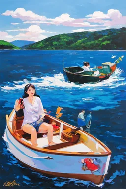 on the boat on a long journey, japanese modern pop art