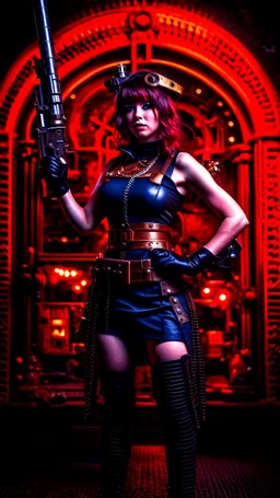 Full Body Photo Of A Steampunk Burlesque Woman With Straight Hair And A Fringe Hairstyle, Holding A Laser Gun, Sci-Fi Steampunk Background