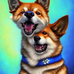 a close up of a dog on a blue background, a digital painting, by Sengai, deviantart contest winner, furry art, doge meme, with a happy expression, very warm colors, my computer icon, rough oil paint, satoshi, dribbble, hgrenades, shibu inu, ombre, deep lighting, derpy