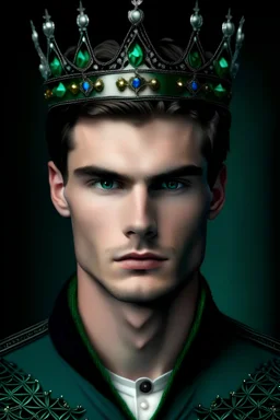 Handsome man with black hair and blue eyes, wearing a silver crown with emerald gem