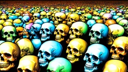 a field of 1000s of cartoonish, anatomically correct, skulls, vivid RANDOM BRIGHT neon colors, dark comedy, well lit, high detail, photorealistic, horrorcore, fun, scary, none featured, each a different color or hue,