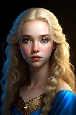 aged 16, epitomizes Targaryen allure with her golden locks and sapphire eyes. Despite her royal lineage, her demeanor exudes youthful innocence and curiosity. She boasts a slender frame adorned with delicate features, framed by cascading golden hair. Her sapphire-blue eyes reflect wisdom beyond her years, contrasting with her porcelain skin and high cheekbones. Clad in Tudor-inspired attire, including a French hood and pale blues and teals, she embodies timeless elegance amid