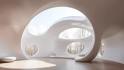 A beautiful unique pavilion shaped like a lemniscate (figure-eight curve), with a continuous flowing loop that creates interconnected spaces. The roof gently rises and falls in harmony with the curve. There is a hint of colour reminiscent of a rainbow. Large, open-air windows allow natural light to flood into the building. The interior features rounded, organic forms that follow the curve of the lemniscate. The effect is calm, comforting, protective and delightful. Award-winning photograph.