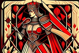 Stylized knight queen, In the style of Tarot and Art Deco, Red colours